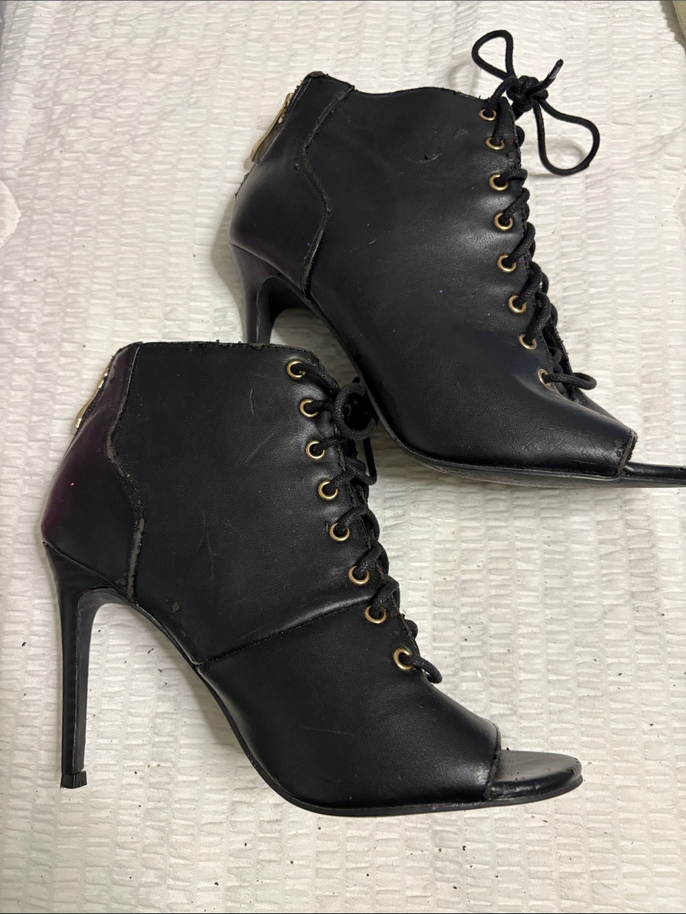 Black Lace-Up Peep-Toe Ankle Heels N by Nicole Miller